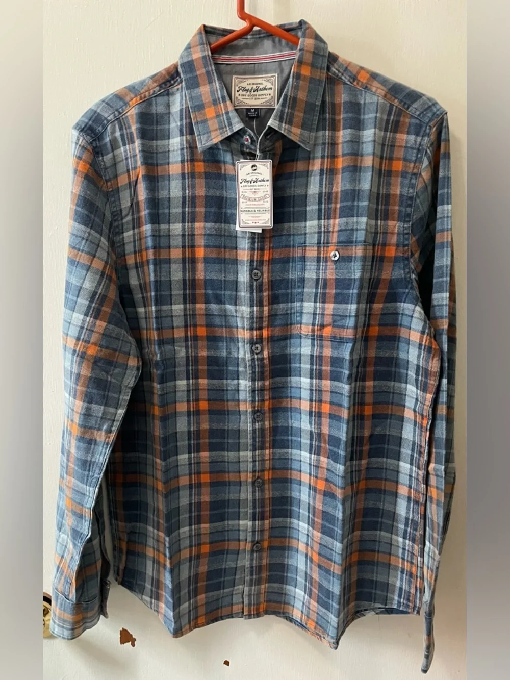 Flag & Anthem Men’s Plaid Button Up Long Sleeve Shirt Navy Orange Black Medium M
